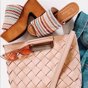 Laryssa beige multi woven peep toe platform mule